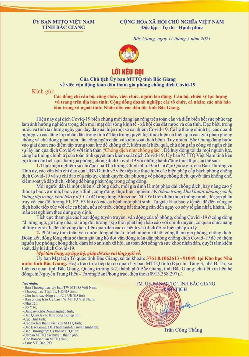 Bắc Giang, Ủy ban MTTQ, covid-19, vận động, ủng hộ